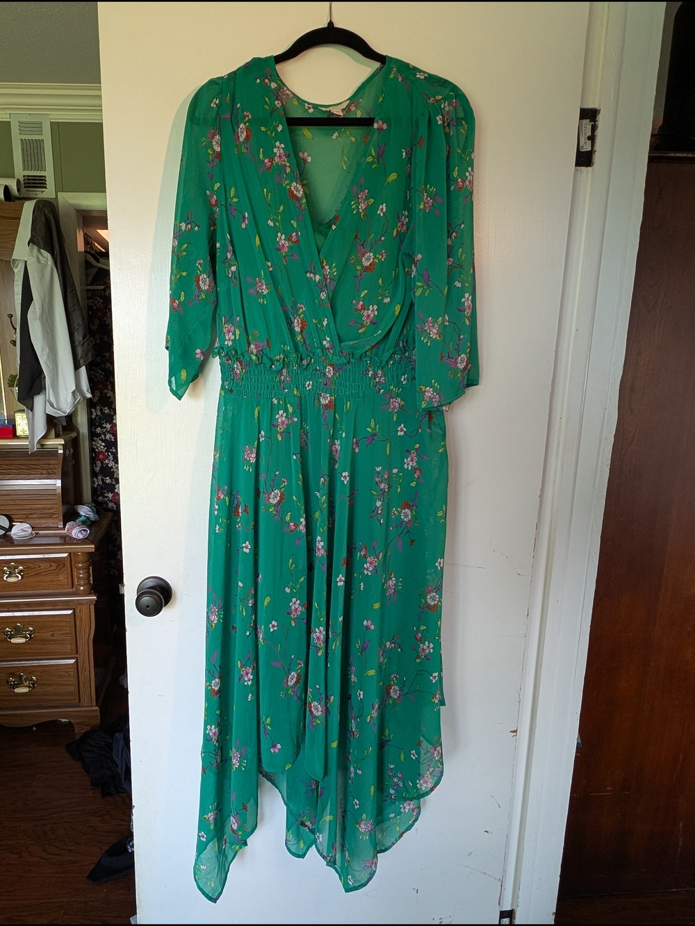 Green Floral Midi Dress with Smocked Waist